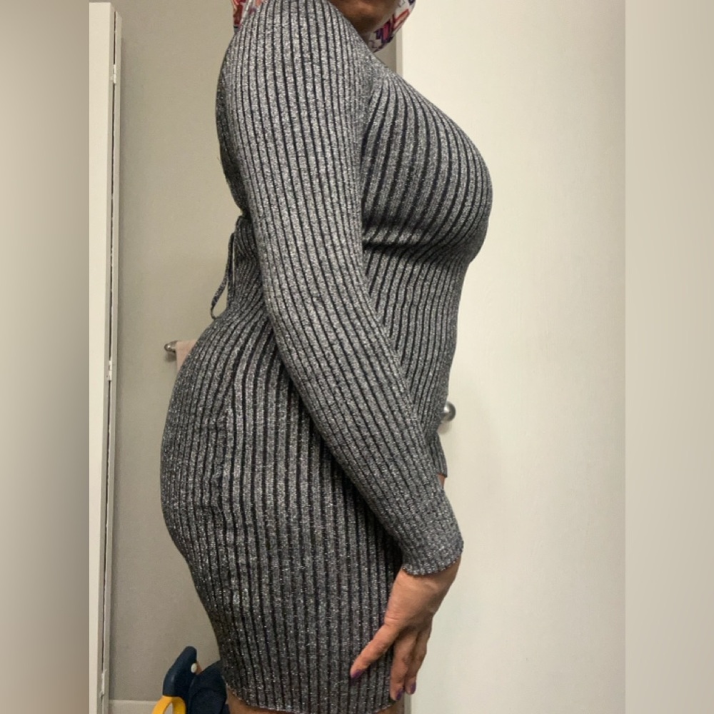 Y/Project Metallic Silver Ribbed Long sleeve Backless Dress - Picture 2 of 4
